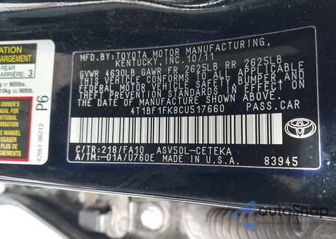 2012 Toyota Camry L из США, поврежденный, VIN 4T1BF1FK8CU517660